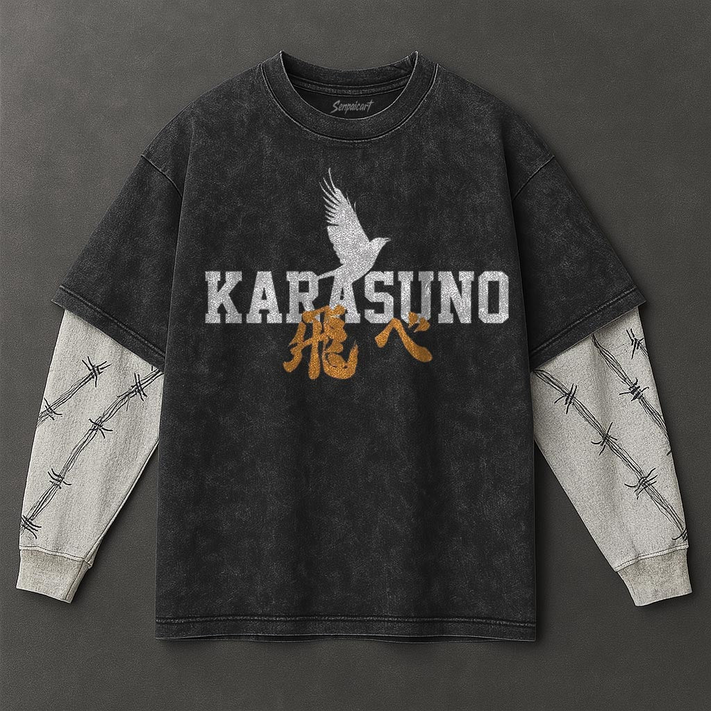 Haikyuu Premium Casual Black Double Sleeves Washed T-Shirt