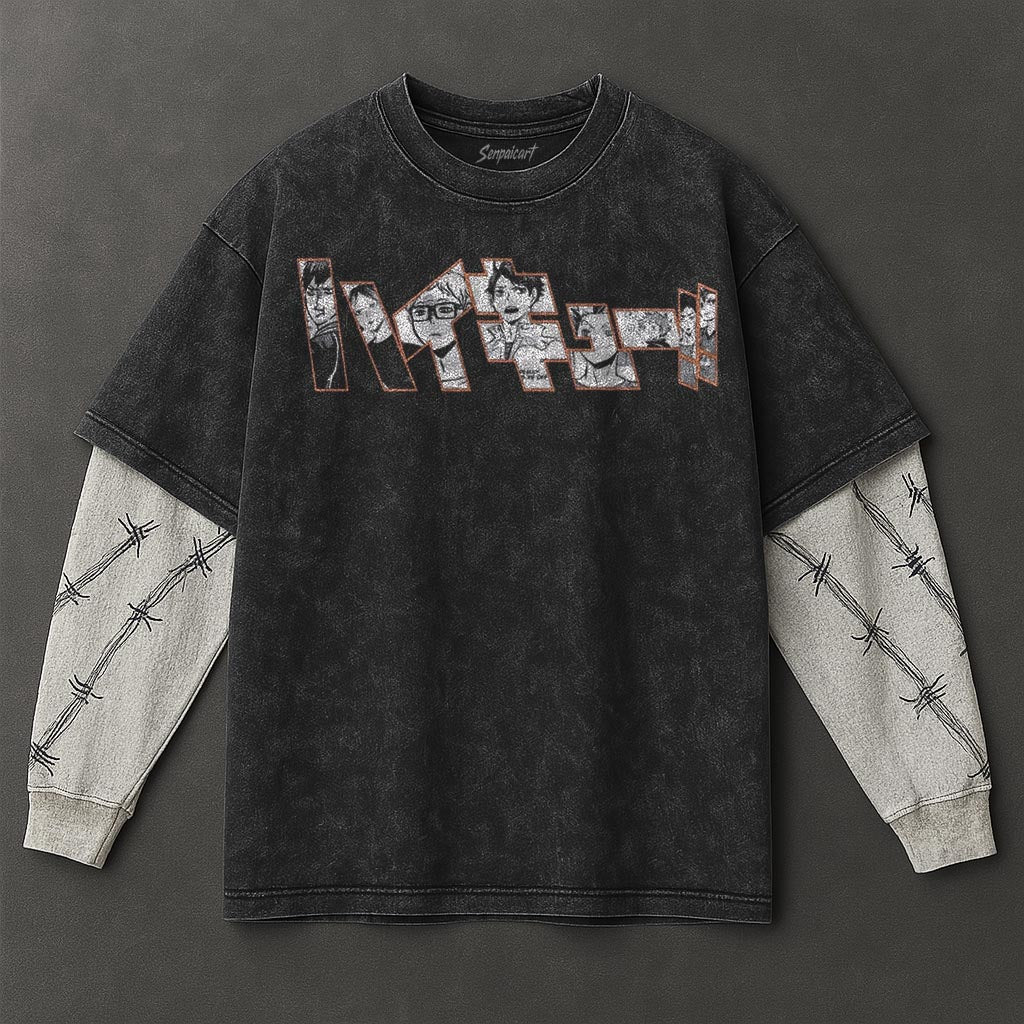 Haikyuu Premium Relaxed Black Double Sleeves Washed T-Shirt