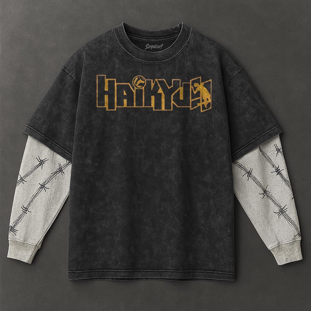 Haikyuu Premium Lightweight Black Double Sleeves Washed T-Shirt
