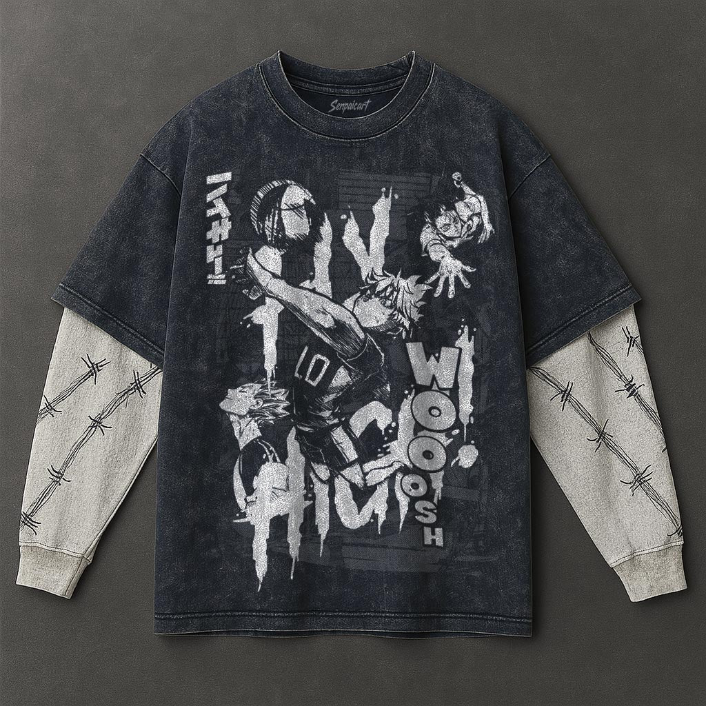 Haikyuu Premium Loose Double Sleeves Blue Washed T-Shirt