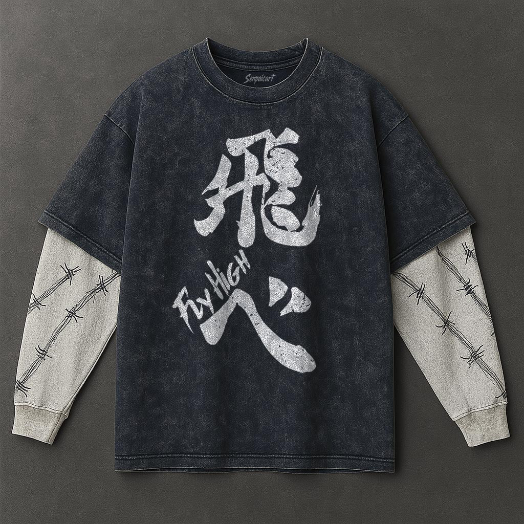 Haikyuu Premium Slouchy Double Sleeves Blue Washed T-Shirt