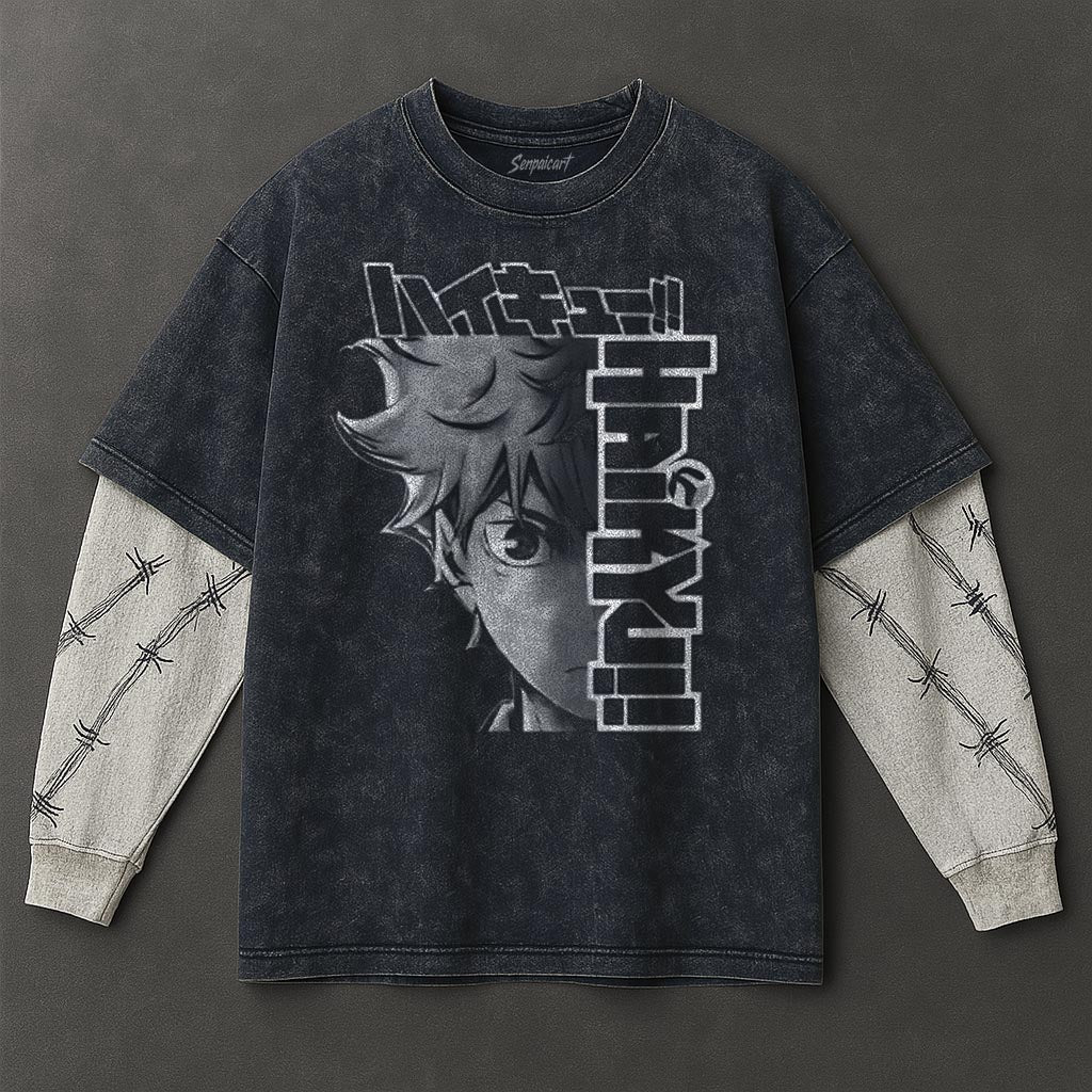 Haikyuu Premium Relaxed Double Sleeves Blue Washed T-Shirt