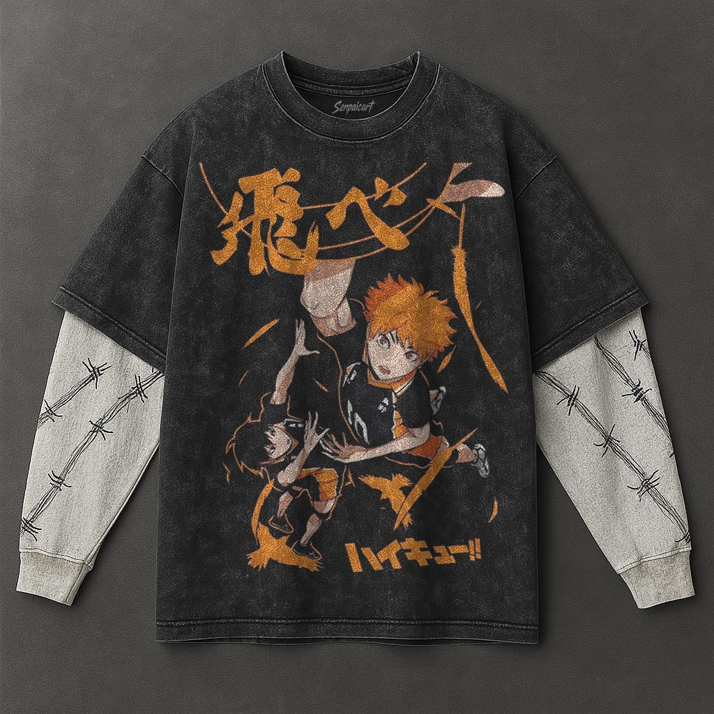 Haikyuu Premium Breezy Black Double Sleeves Washed T-Shirt
