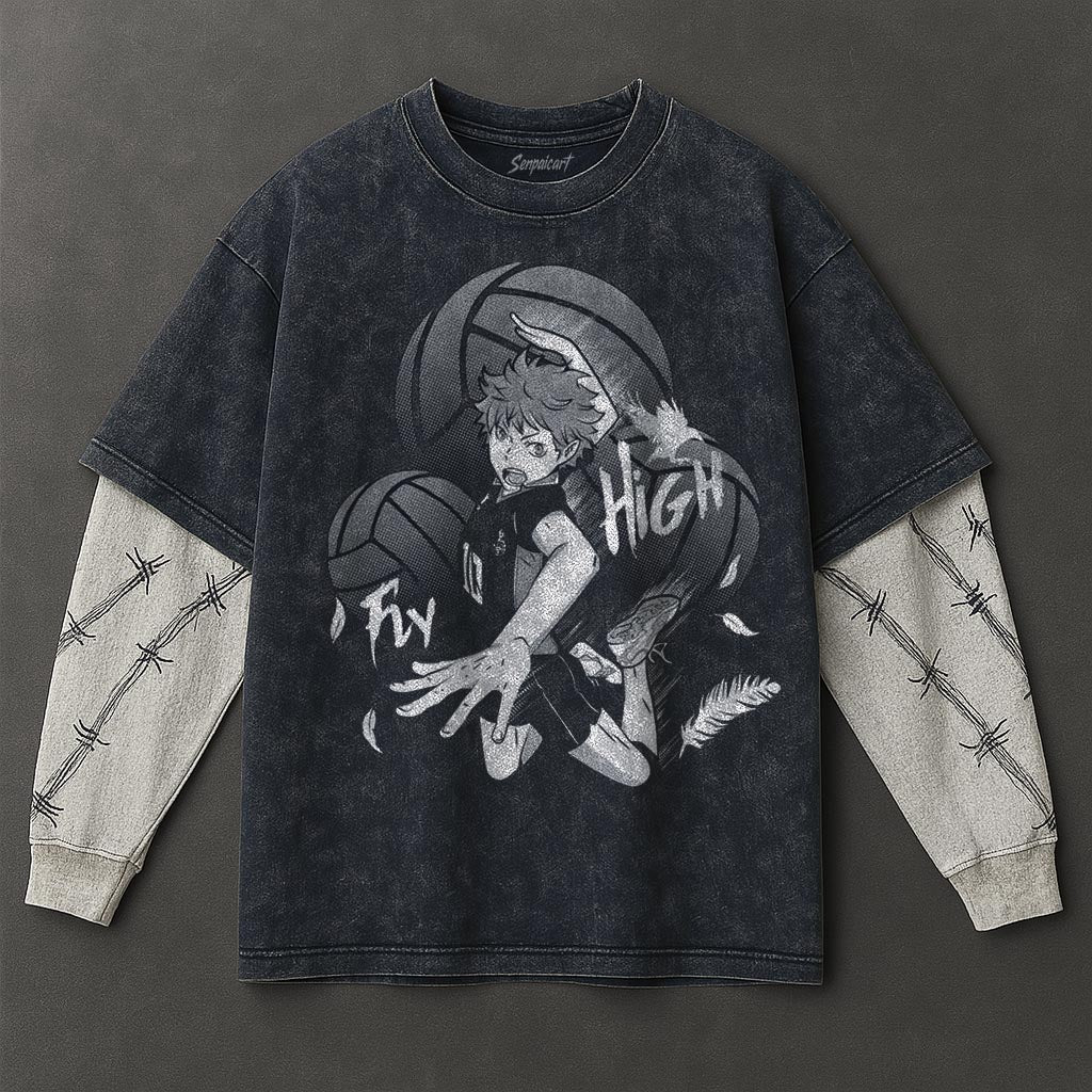 Haikyuu Premium Casual Double Sleeves Blue Washed T-Shirt