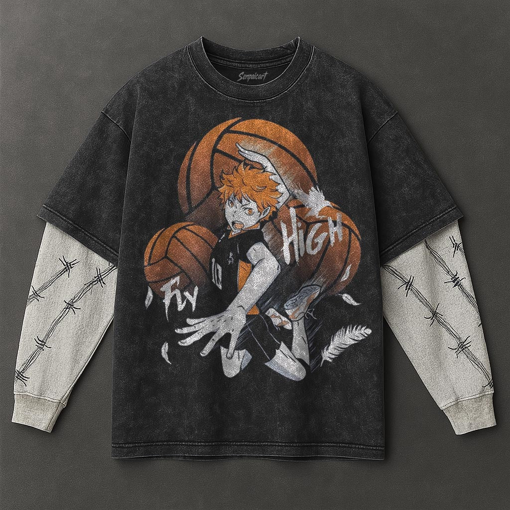 Haikyuu Premium Effortless Black Double Sleeves Washed T-Shirt