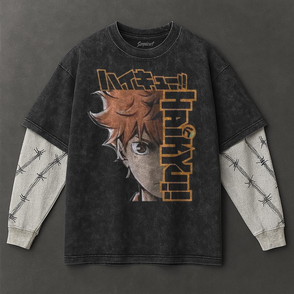 Haikyuu Premium Drapey Black Double Sleeves Washed T-Shirt