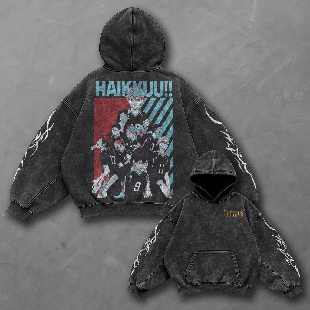 Haikyuu Oversized Fresh Black Washed Hoodie