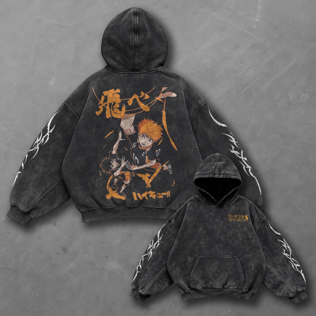 Haikyuu Oversized Essential Black Washed Hoodie