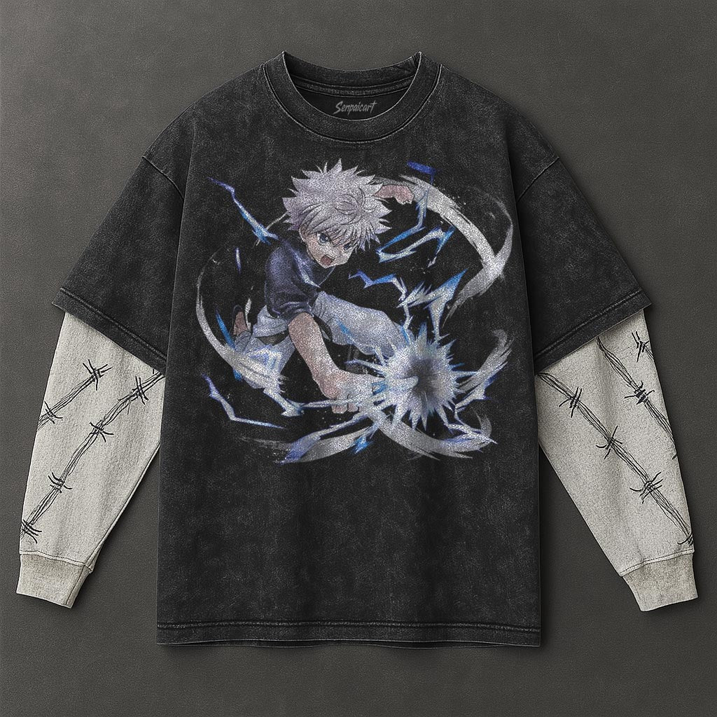 Hunter x Hunter Premium Unfitted Black Double Sleeves Washed T-Shirt