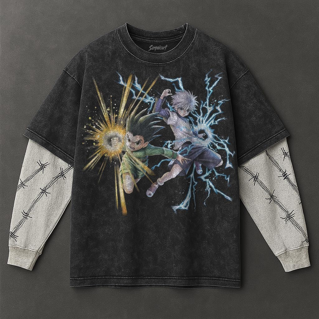 Hunter x Hunter Premium Tunic-like Black Double Sleeves Washed T-Shirt