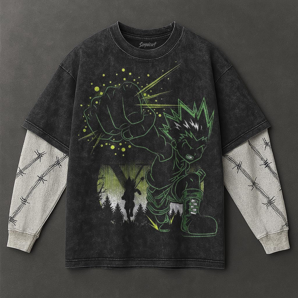 Hunter x Hunter Premium Silky Black Double Sleeves Washed T-Shirt
