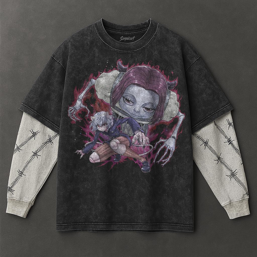 Hunter x Hunter Premium Non-restrictive Black Double Sleeves Washed T-Shirt