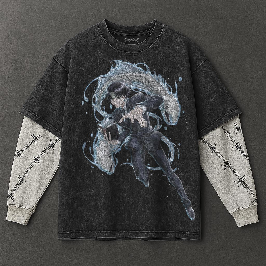 Hunter x Hunter Premium Elongated Black Double Sleeves Washed T-Shirt