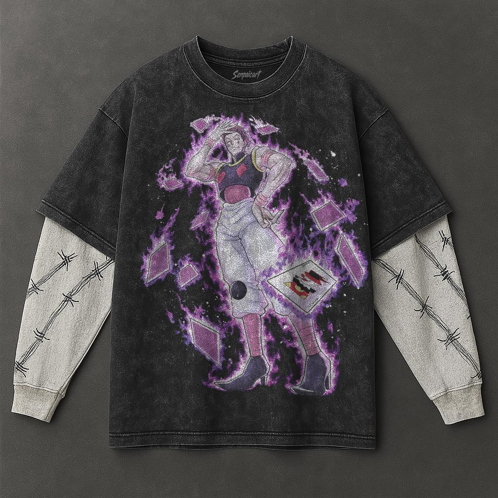 Hunter x Hunter Premium Flowy Black Double Sleeves Washed T-Shirt