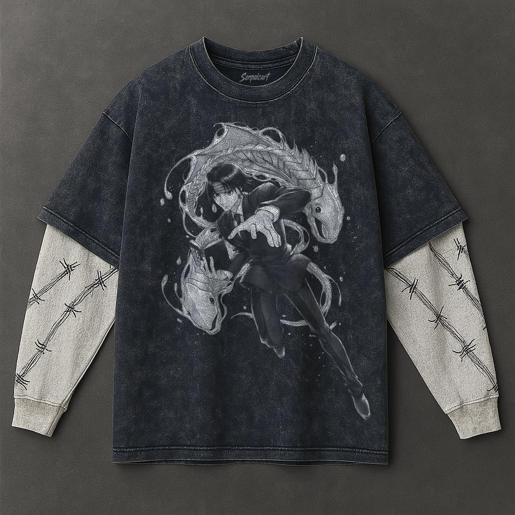Hunter x Hunter Premium Non-restrictive Double Sleeves Blue Washed T-Shirt