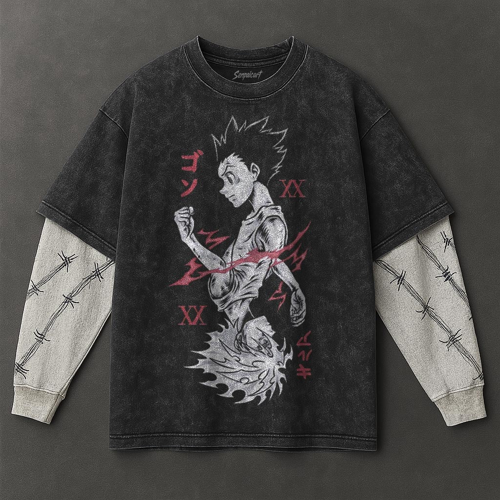 Hunter x Hunter Premium Minimalist Black Double Sleeves Washed T-Shirt