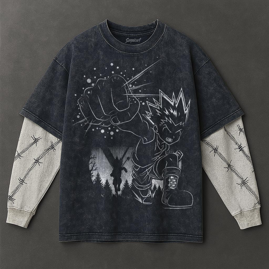 Hunter x Hunter Premium Unfitted Double Sleeves Blue Washed T-Shirt