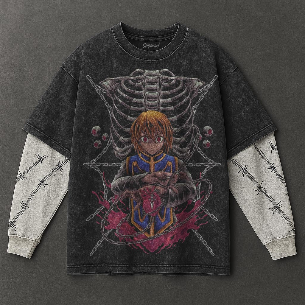 Hunter x Hunter Premium Easygoing Black Double Sleeves Washed T-Shirt