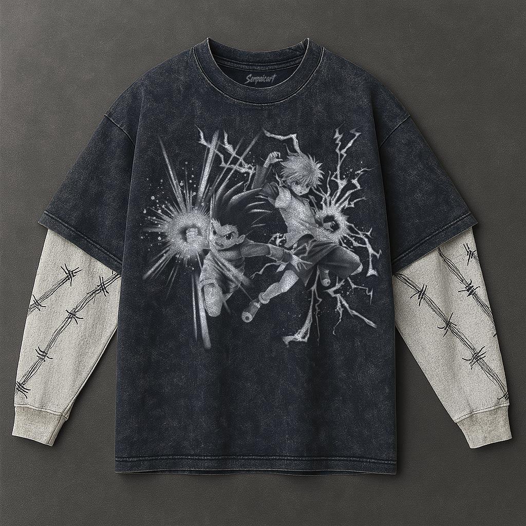 Hunter x Hunter Premium Chic Double Sleeves Blue Washed T-Shirt