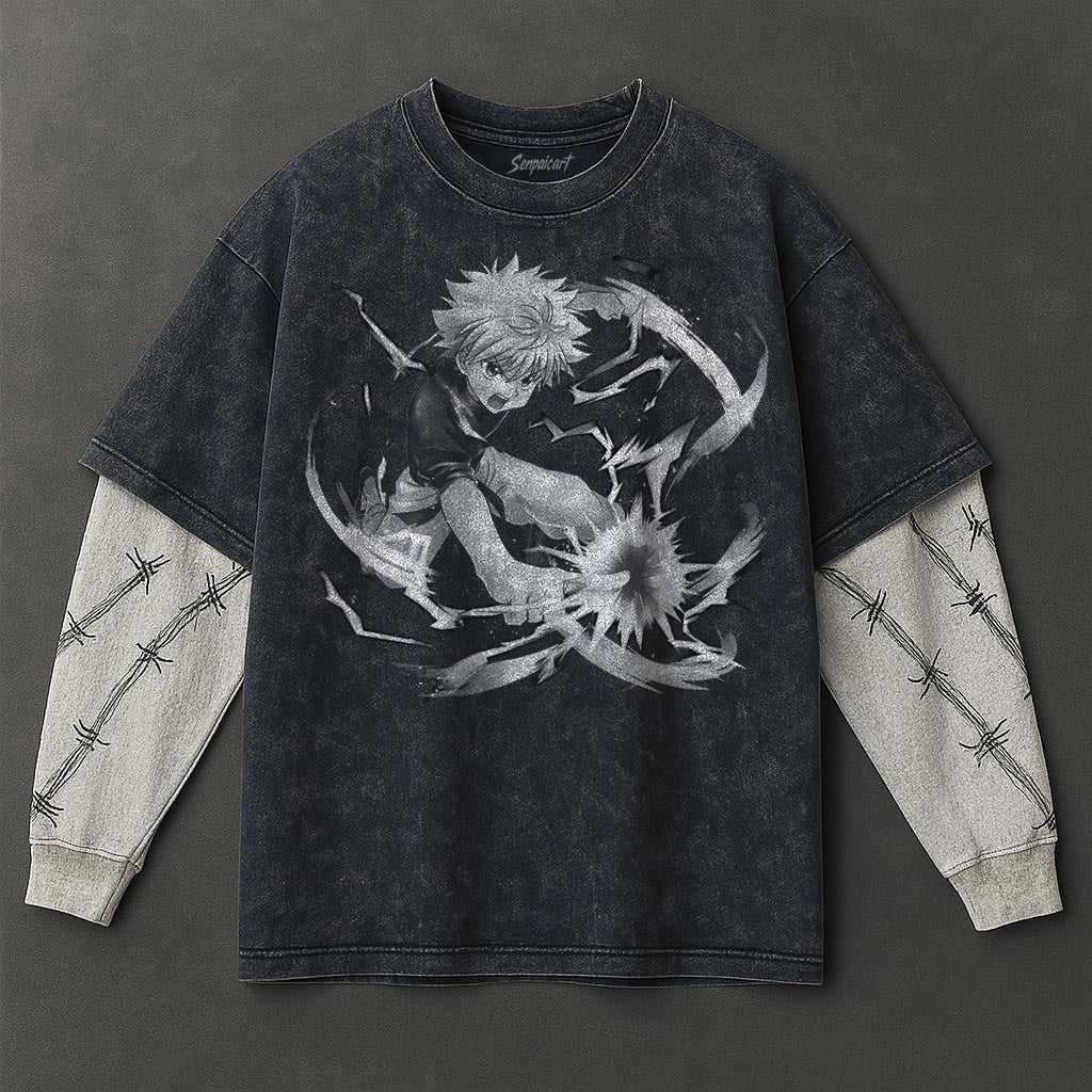 Hunter x Hunter Premium Spacious Double Sleeves Blue Washed T-Shirt