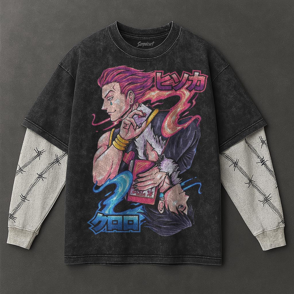 Hunter x Hunter Premium Oversized Black Double Sleeves Washed T-Shirt