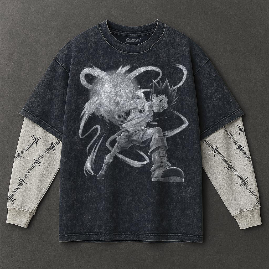 Hunter x Hunter Premium Flattering Double Sleeves Blue Washed T-Shirt