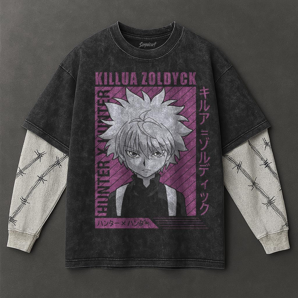 Hunter x Hunter Premium Slouchy Black Double Sleeves Washed T-Shirt