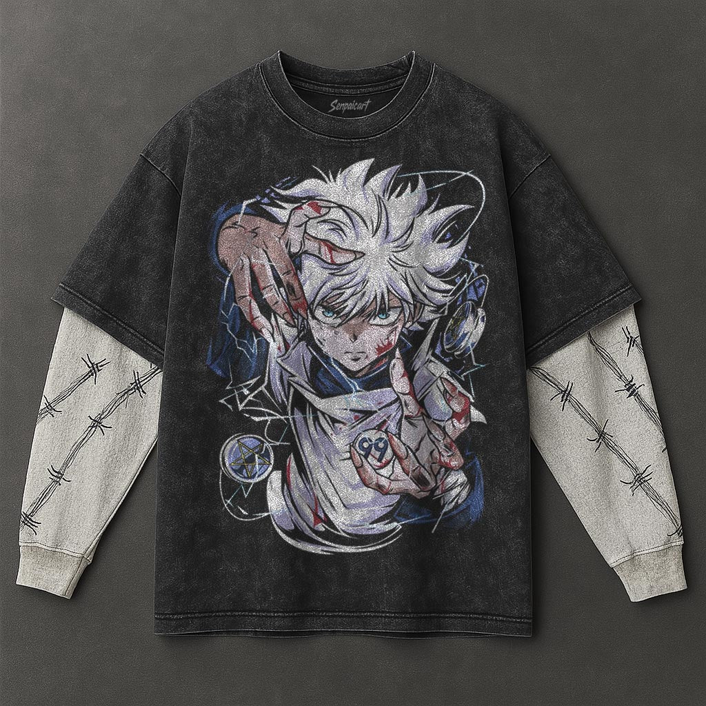 Hunter x Hunter Premium Breezy Black Double Sleeves Washed T-Shirt