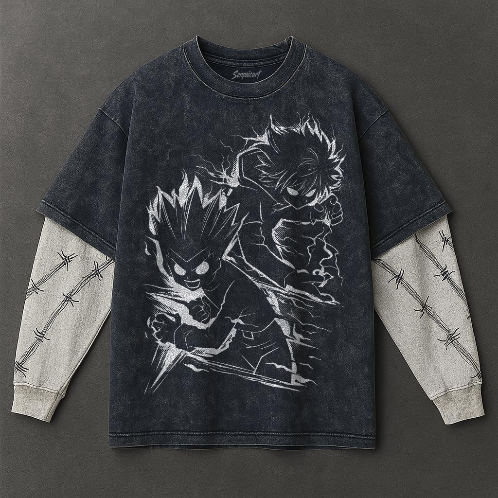 Hunter x Hunter Premium Flowy Double Sleeves Blue Washed T-Shirt