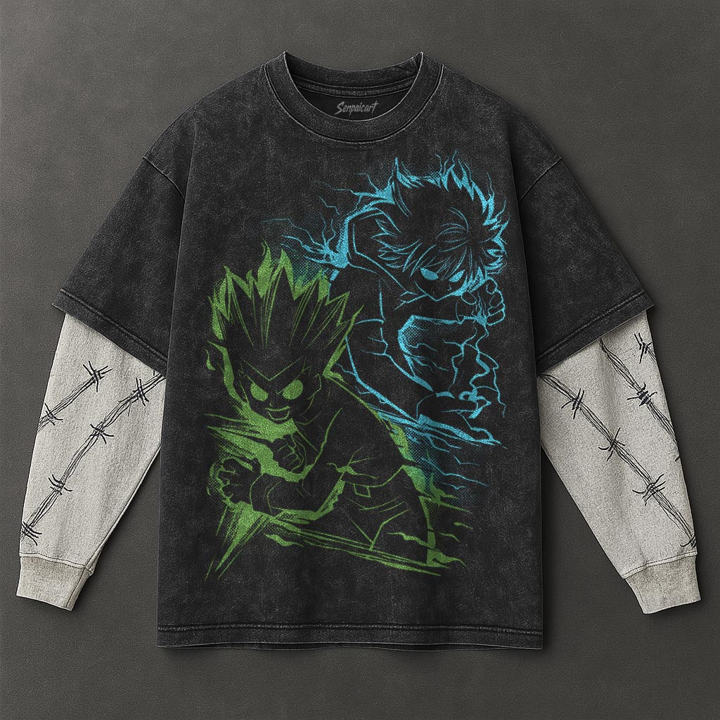 Hunter x Hunter Premium Sleek Black Double Sleeves Washed T-Shirt