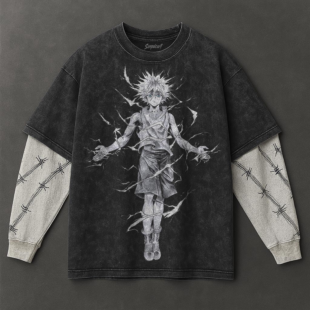 Hunter x Hunter Premium Chic Black Double Sleeves Washed T-Shirt