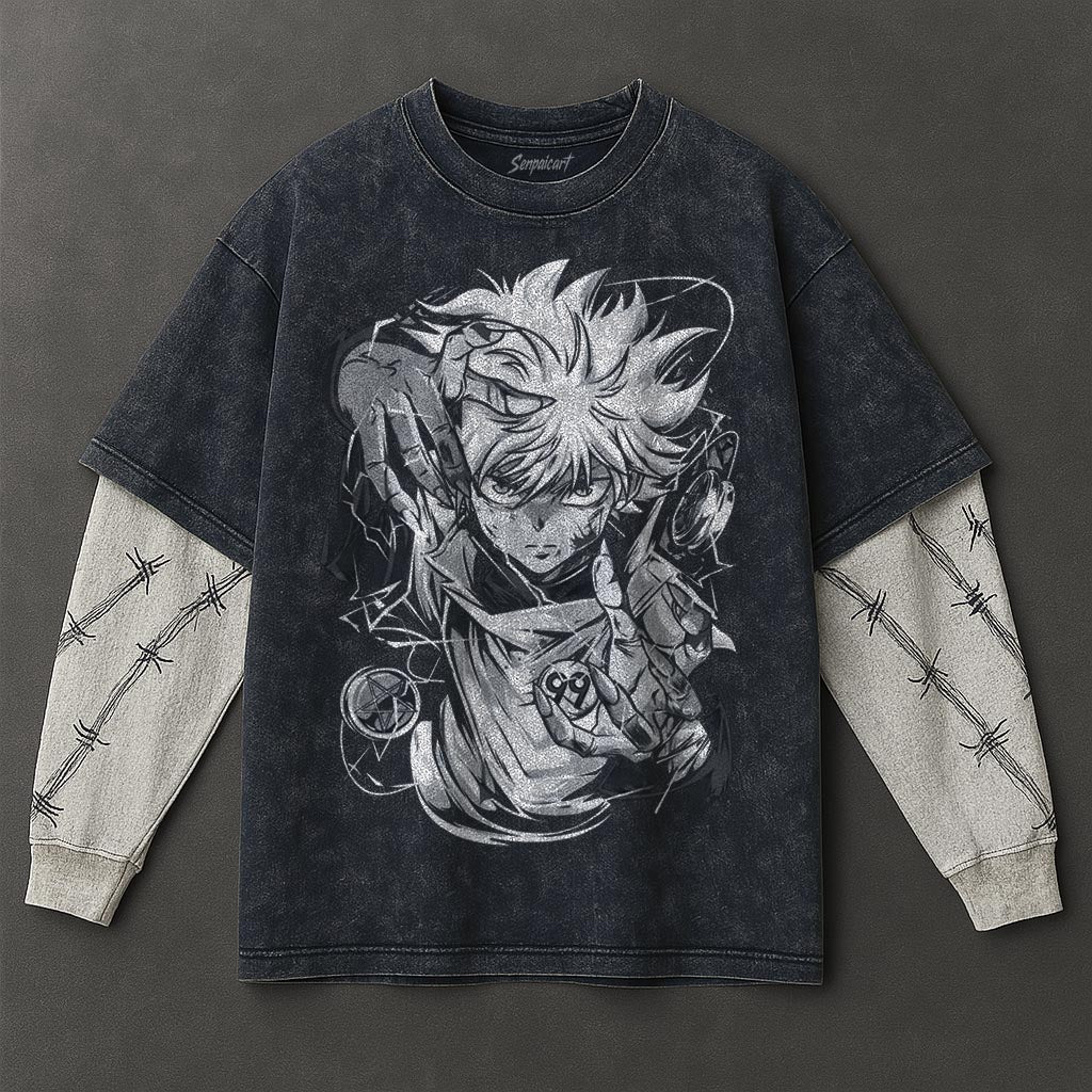 Hunter x Hunter Premium Comfy Double Sleeves Blue Washed T-Shirt