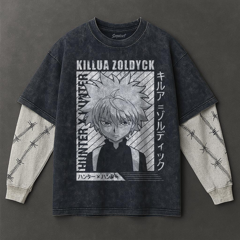 Hunter x Hunter Premium Slouchy Double Sleeves Blue Washed T-Shirt