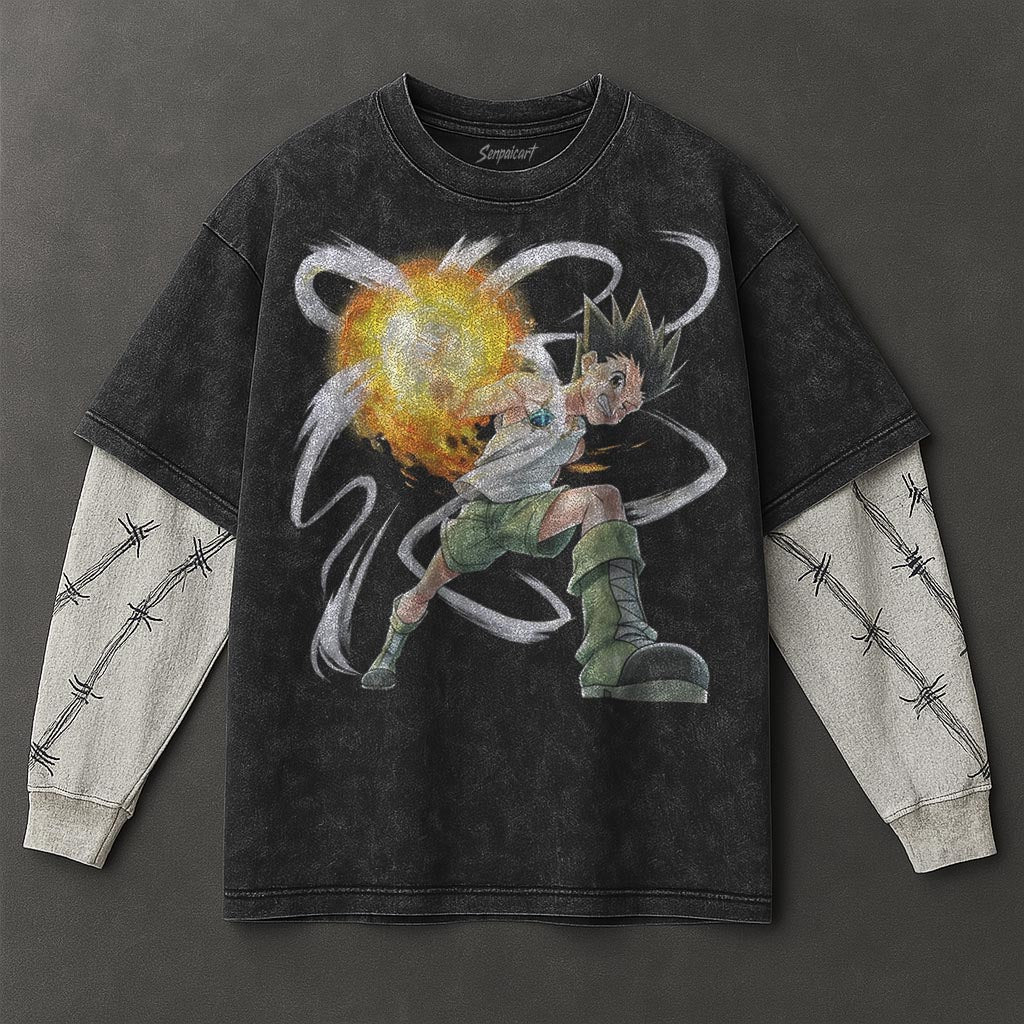 Hunter x Hunter Premium Roomy Black Double Sleeves Washed T-Shirt