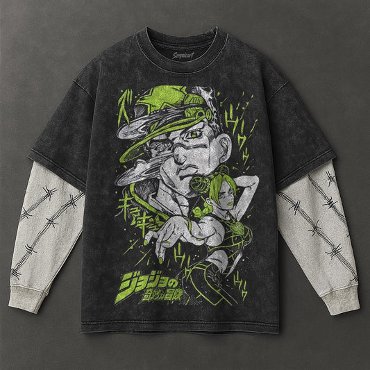 Jojo Premium Cozy Black Double Sleeves Washed T-Shirt