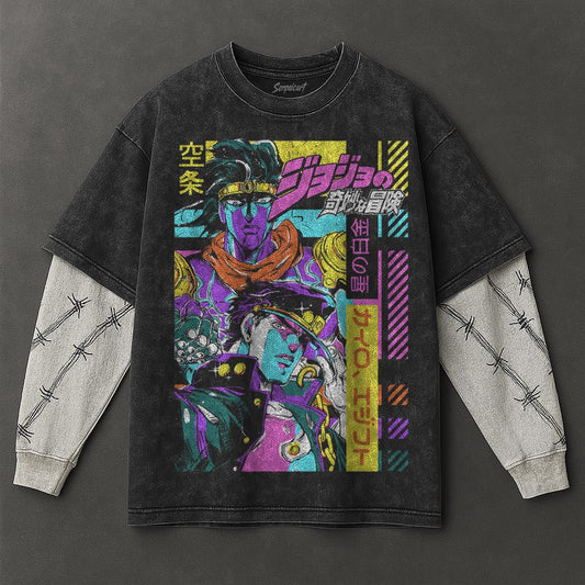 Jojo Premium Flowy Black Double Sleeves Washed T-Shirt