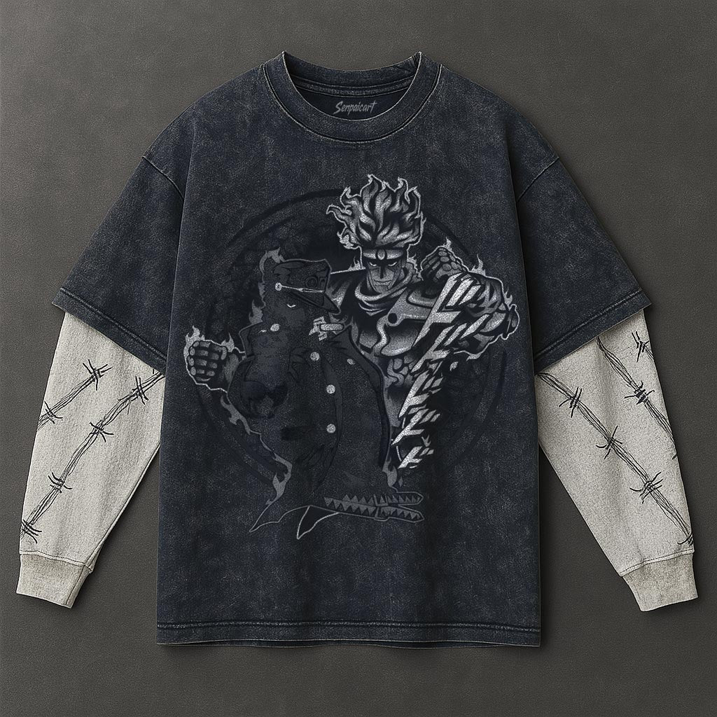 Jojo Premium Loose Double Sleeves Blue Washed T-Shirt