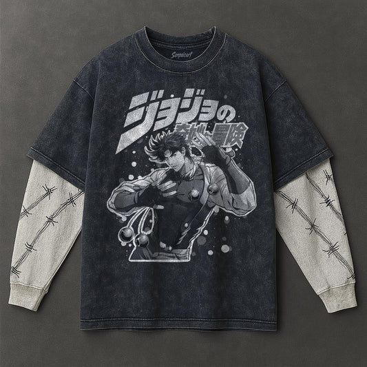 Jojo Premium Slouchy Double Sleeves Blue Washed T-Shirt