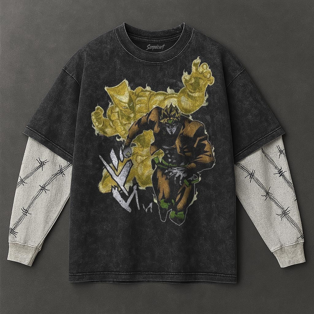 Jojo Premium Loose Black Double Sleeves Washed T-Shirt