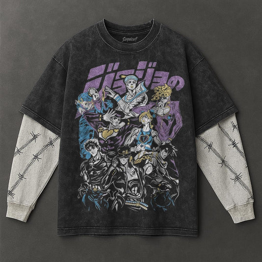 Jojo Premium Casual Black Double Sleeves Washed T-Shirt