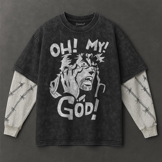 Jojo Premium Drapey Black Double Sleeves Washed T-Shirt