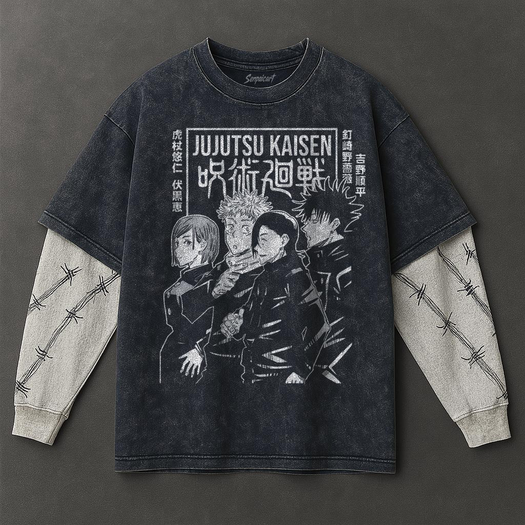 Jujutsu Kaisen Premium Cozy Double Sleeves Blue Washed T-Shirt