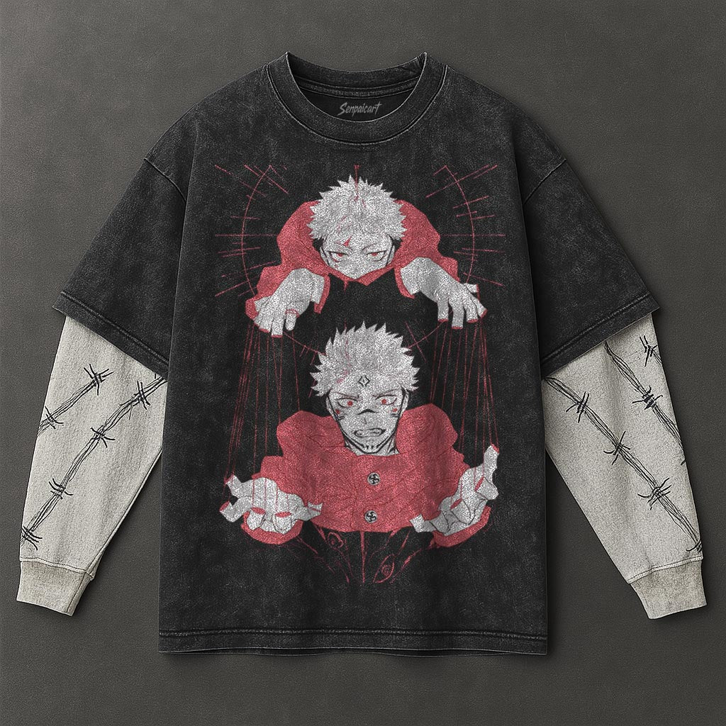 Jujutsu Kaisen Premium Flowy Black Double Sleeves Washed T-Shirt