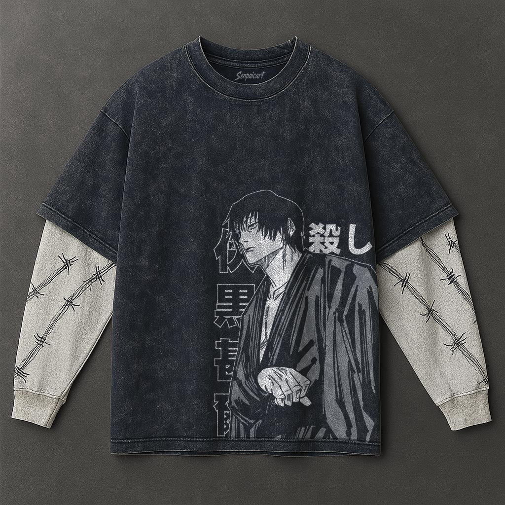 Jujutsu Kaisen Premium Oversized Double Sleeves Blue Washed T-Shirt