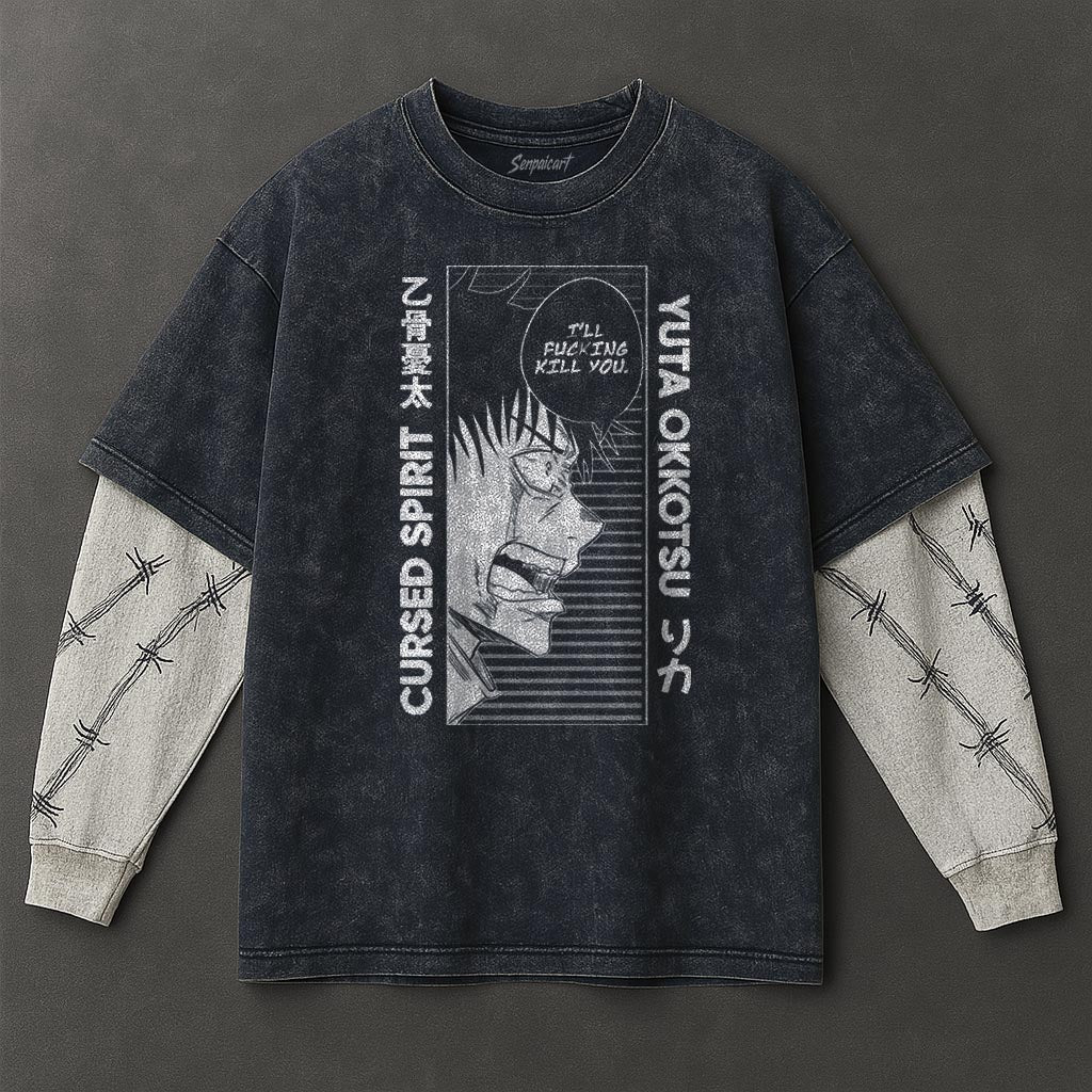 Jujutsu Kaisen Premium Soft Double Sleeves Blue Washed T-Shirt