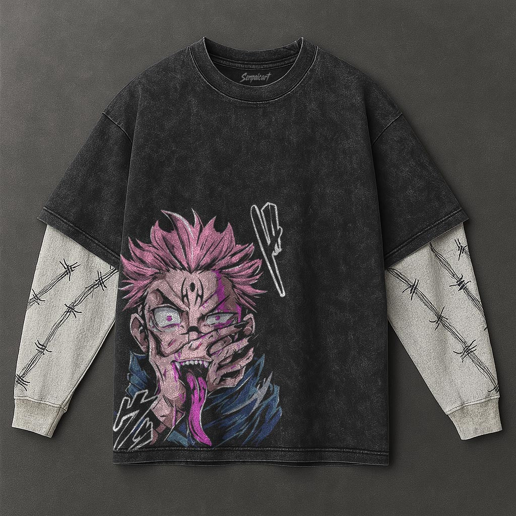 Jujutsu Kaisen Premium Roomy Black Double Sleeves Washed T-Shirt