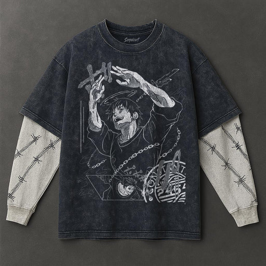 Jujutsu Kaisen Premium Comfy Double Sleeves Blue Washed T-Shirt