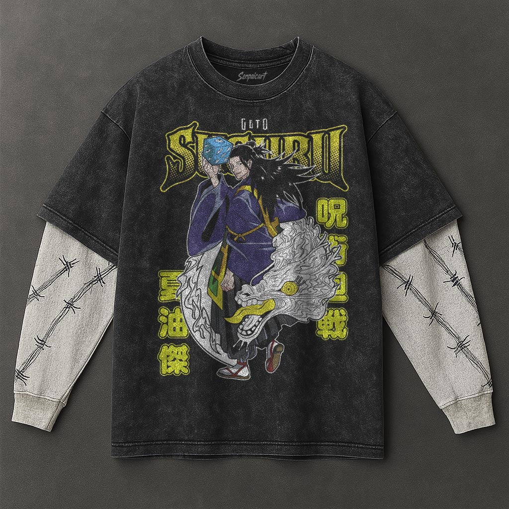 Jujutsu Kaisen Premium Lightweight Black Double Sleeves Washed T-Shirt