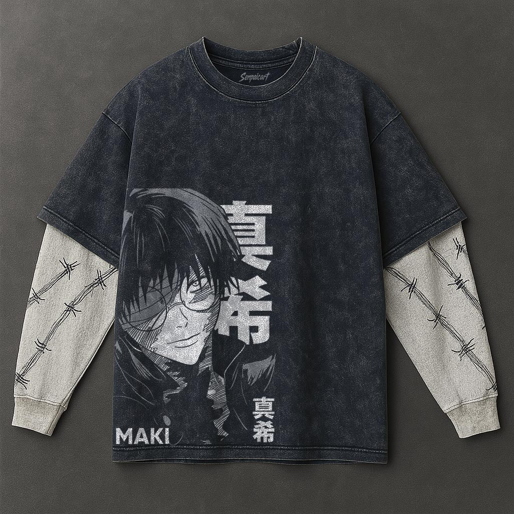 Jujutsu Kaisen Premium Drapey Double Sleeves Blue Washed T-Shirt