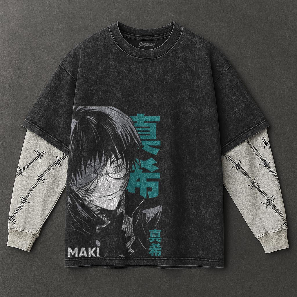 Jujutsu Kaisen Premium Oversized Black Double Sleeves Washed T-Shirt